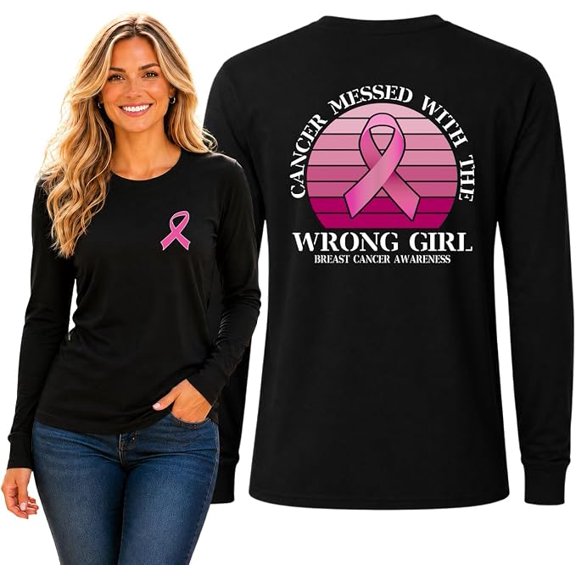 Wild Bobby Cancer Messed With the Wrong Girl Breast Cancer Awareness Front and Back Mens Long Sleeve Shirt, Black, Small