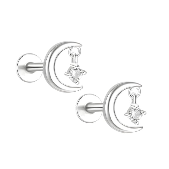 Moon and Star Flat Back Earrings for Women Sterling Silver 16g Cartilage Helix Lobe Body Piercing Stud Ginger Lyne