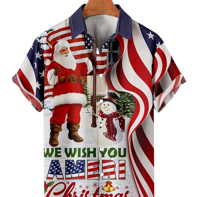 American Flag & Santa & Snowman Pattern Men's Summer Short Sleeve Lapel Shirt, Christmas Themed Men's Top