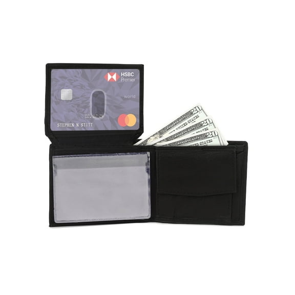 Black Men's Compact Leather Bifold Wallet with Coin Pocket - Stylish Designer Wallet