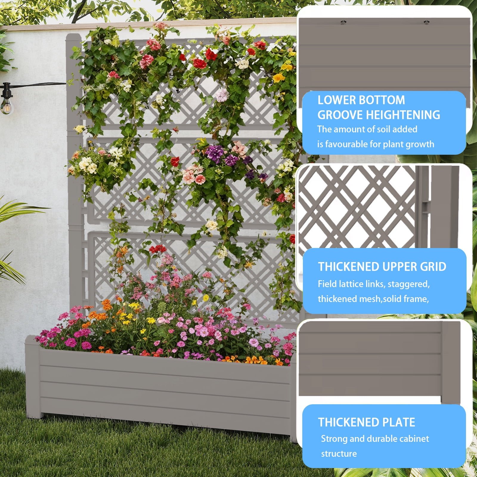 MAYEERTY Freestanding Raised Garden Bed with Trellis, Built-In Water Storage Planter for Climbing Plants Vegetables Flowers Garden Yard