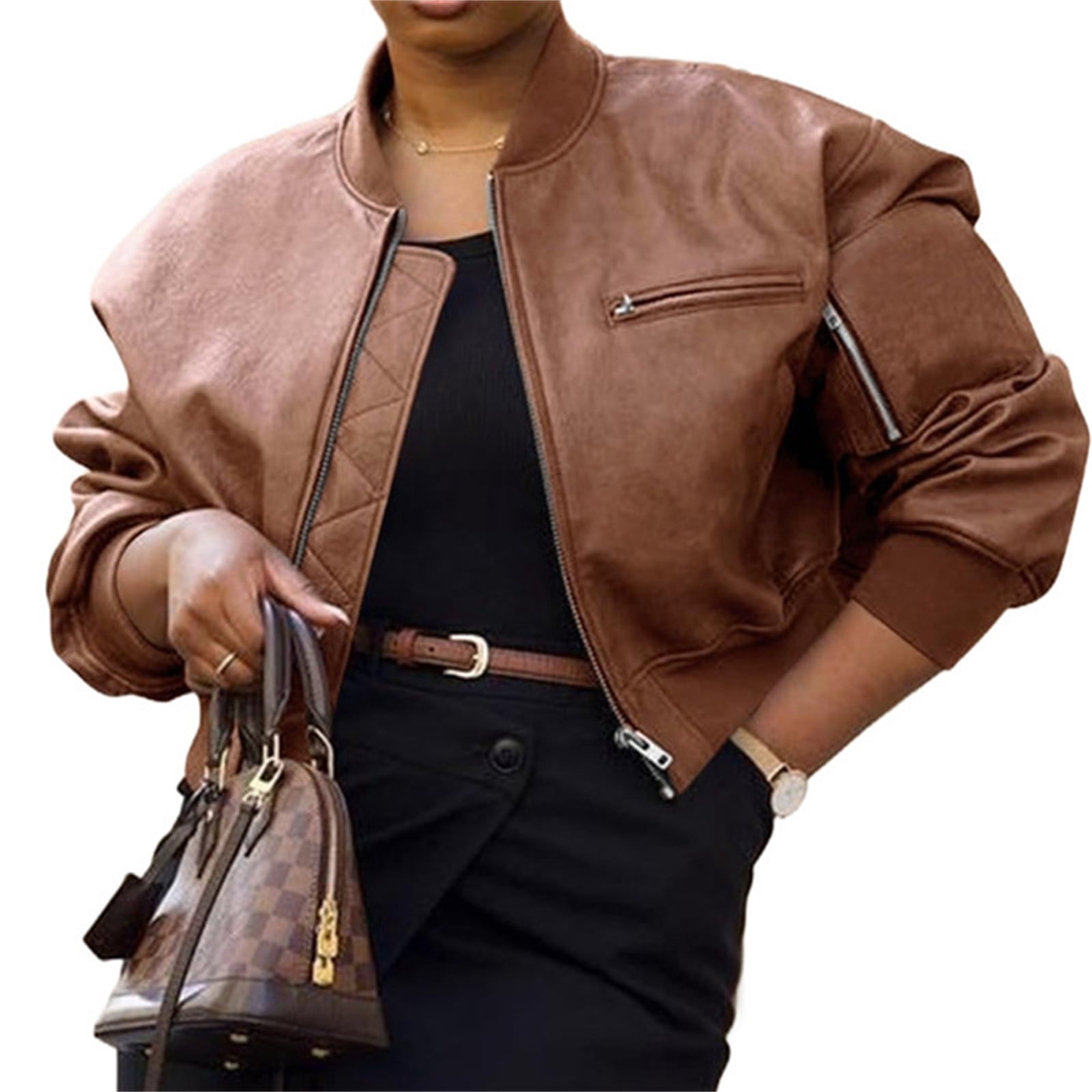 Womens Faux Leather Bomber Jackets Baseball Collar Zip Up Cropped Biker Coat with Pockets