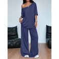 thumbnail image 4 of Women'S 2 Piece Travel Outfits Casual Short Sleeve Knit Sweater Set Wide Leg Pants Lounge Sets Dark Blue L, 4 of 8