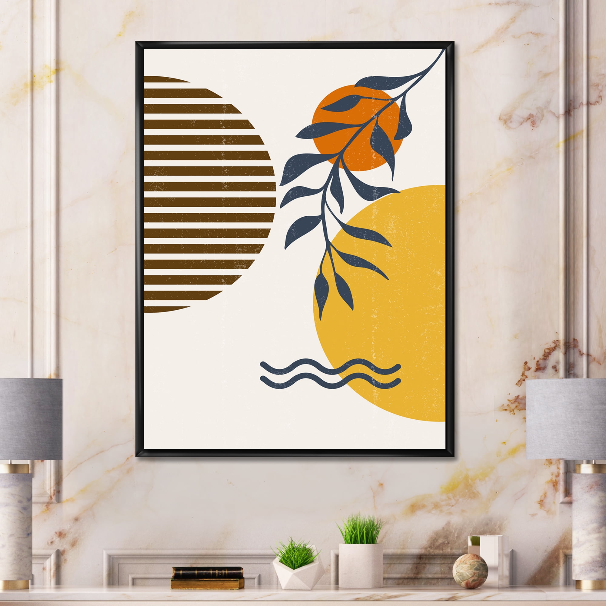 Designart 'Abstract Shapes With Botanical Minimalist Leaf I' Modern Framed Canvas Wall Art Print