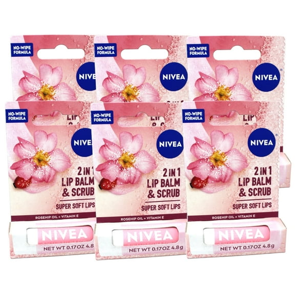 6 Pack - Nivea 2in1 Lip Balm & Scrub Super Soft Lips, Rosehip Oil   Vitamin E, 0.17 oz (4.8 g)