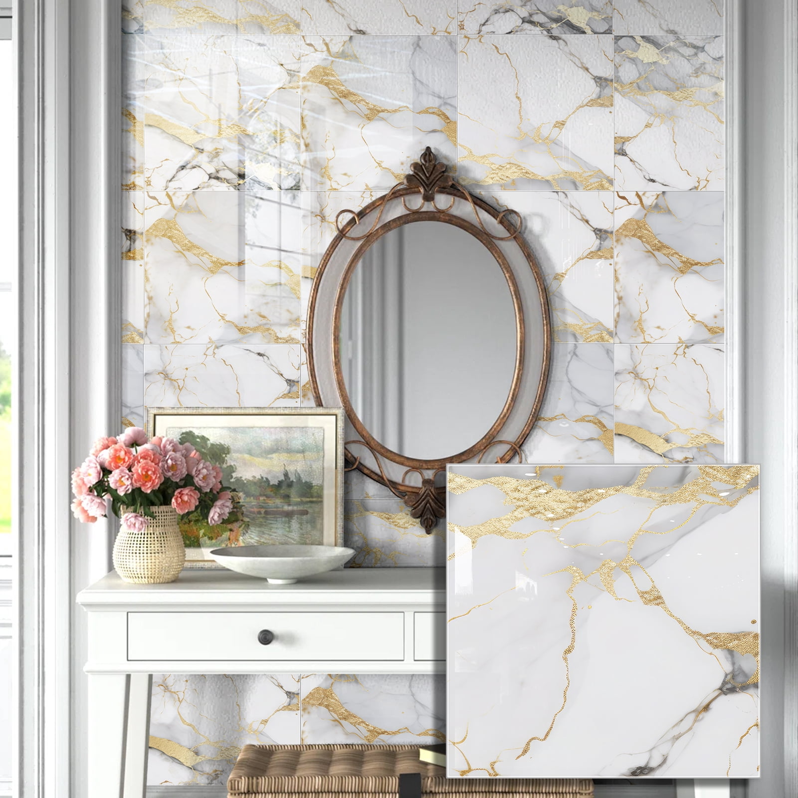 DEWOO 10pcs Peel and Stick Backsplash Wall Tile, Waterproof Peel and Stick Marble Wall Tiles, Self-Adhesive Panels for Bathroom, Kitchen, and Living Room (Gold Marble,12"×12")