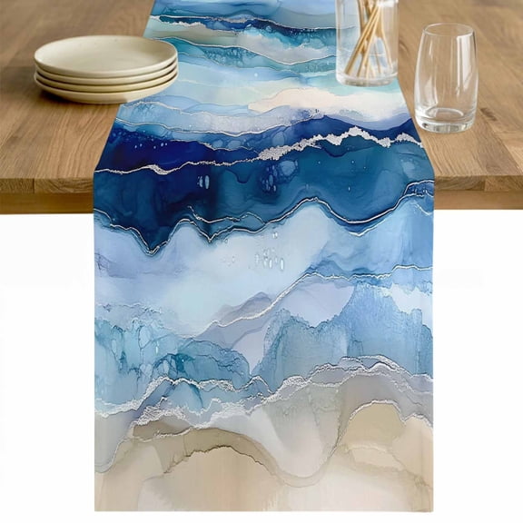 Navy Blue Coastal Beach Cotton Linen Rectangle Table Runners 13"x48", Summer Nautical Abstract Ombre Art Coffee Table Runner Dresser Scarves Table Runners for Wedding Party Banquet Dinner Decor
