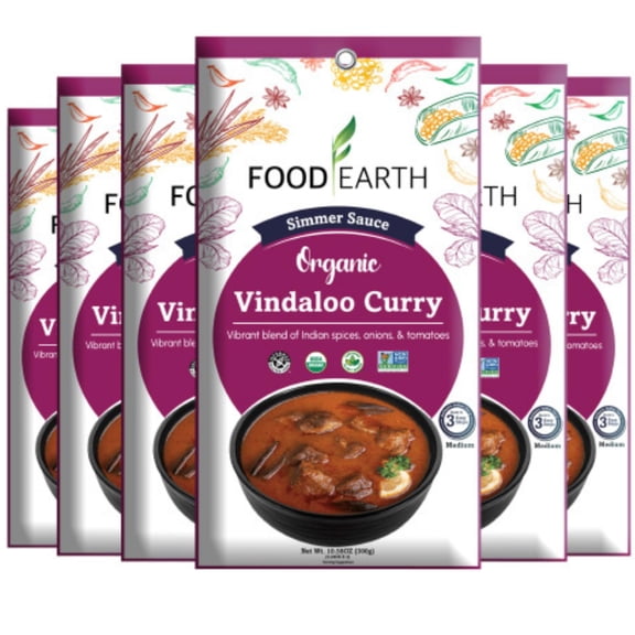 Food Earth - Organic Vindaloo Curry Simmer Sauce, 100% Organic, Vegan, Gluten-Free, Heat & Serve, Curry or Marinade Base, 12-Pack (5.29 oz Each) – Shelf-Stable Indian Cooking Sauce