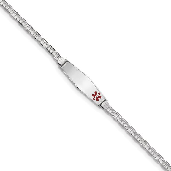 Beautiful 14K WG Medical Soft Diamond Shape Red Enamel Anchor Link ID Bracelet