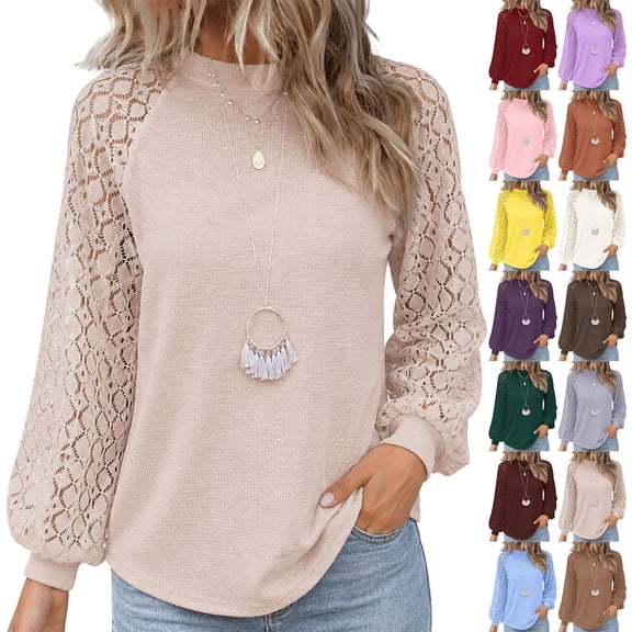 ZDNIXIAN Basic T Shirts for Women ,Hollow Lace Raglan Puff Long Sleeve Top, Crew Neck Loose Fit Solid Color Pullover Shirt