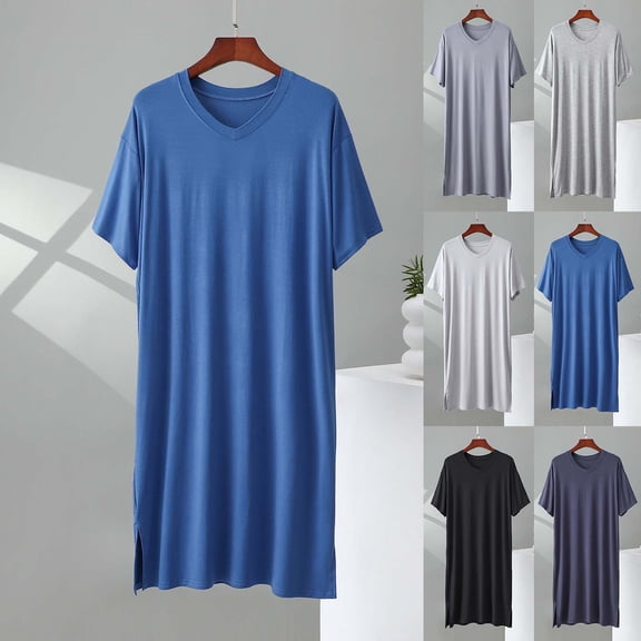 FRSASU Men's Nightshirt Comfy Nightwear Big&Tall V Neck Short Sleeve Soft Loose Modal Pajama Sleep Shirt