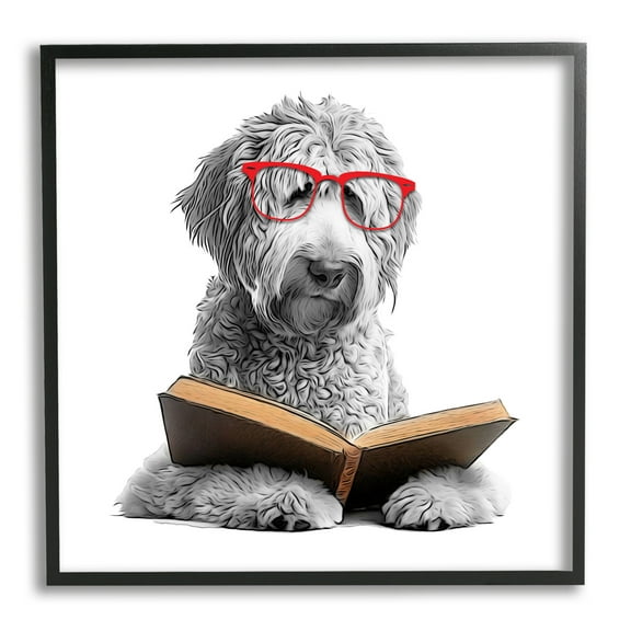 Stupell Industries Dog Reading Book Animals & Insects Painting Black Framed Art Print Wall Art, 12 x 12