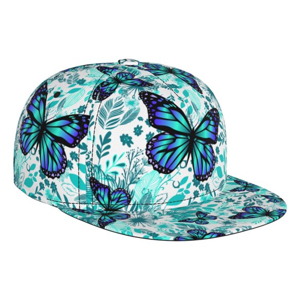Zufioo Blue Floral with Butterflies Print Flat Brim Baseball Cap, Sun Protection, Sweat Absorption, Adjustable Sports Cap, Suitable for Men and Women in All Seasons