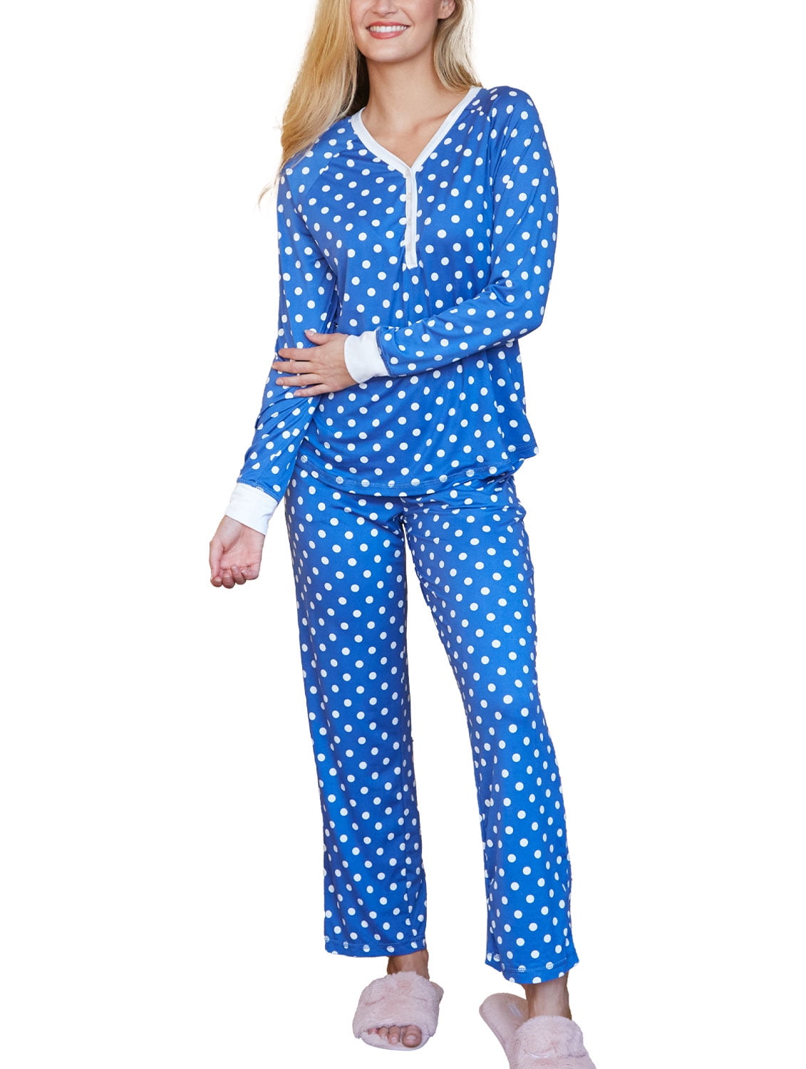 Doublju Women's Long Sleeve Henley Pajama Sleepwear 2 Pcs Set