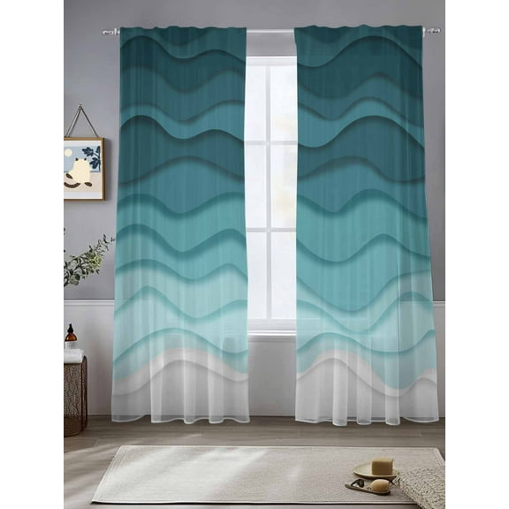 Turquoise Stripes Sheer Curtains for Living Room Bedroom Farmhouse Gradient Sea Waves Beach Sheer Curtains 84 Inch Long 2 Panels Set Light Filtering Curtain Window Treatments Drapes for Dining Room