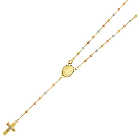 14k Beaded Crucifix - Ioka - 14K Tri Color Gold 2.5mm Beads Ball Guadalupe Crucifix Cross Pendant Charm Religious Catholic Rosary Beads Prayer Necklace - 20