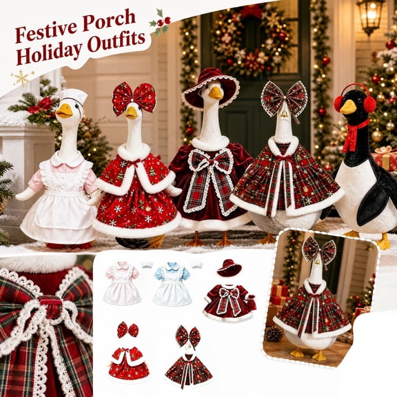 Christmas Porch Goose Outfit with Plaid Bow Hat and Cape, Red Velvet 3 Piece Set, Holiday Yard Goose Clothing for Outdoor Lawn Display
