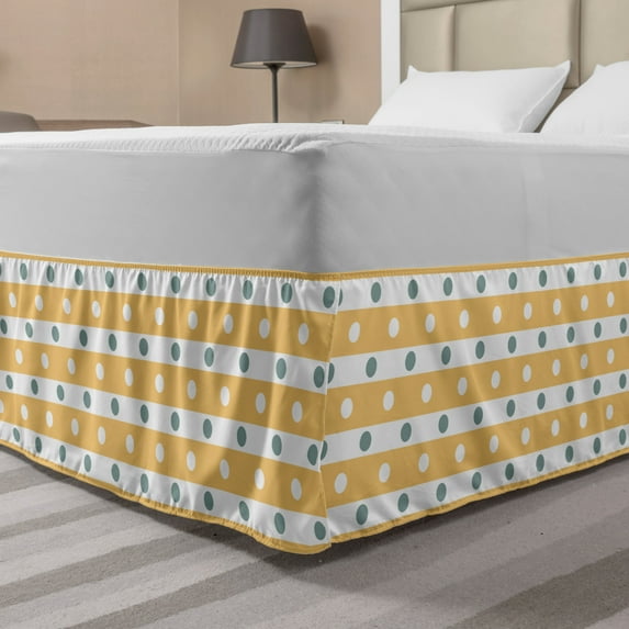 Yellow and White Bed Skirt, Horizontal Bold Stripes with Polka Dots Old Fashioned Tile, Elastic Bedskirt Dust Ruffle Wrap Around for Bedding Decor, 4 Sizes, Almond Green Apricot, by Ambesonne