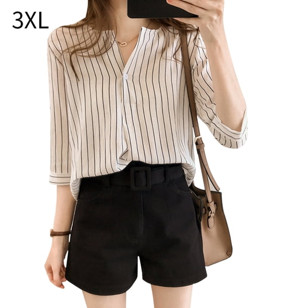 Sonducket Camisa a rayas Mujer Blusa de verano Cuello Suelta Top casual Prendas para la parte del cuerpo Blanco 3XL
