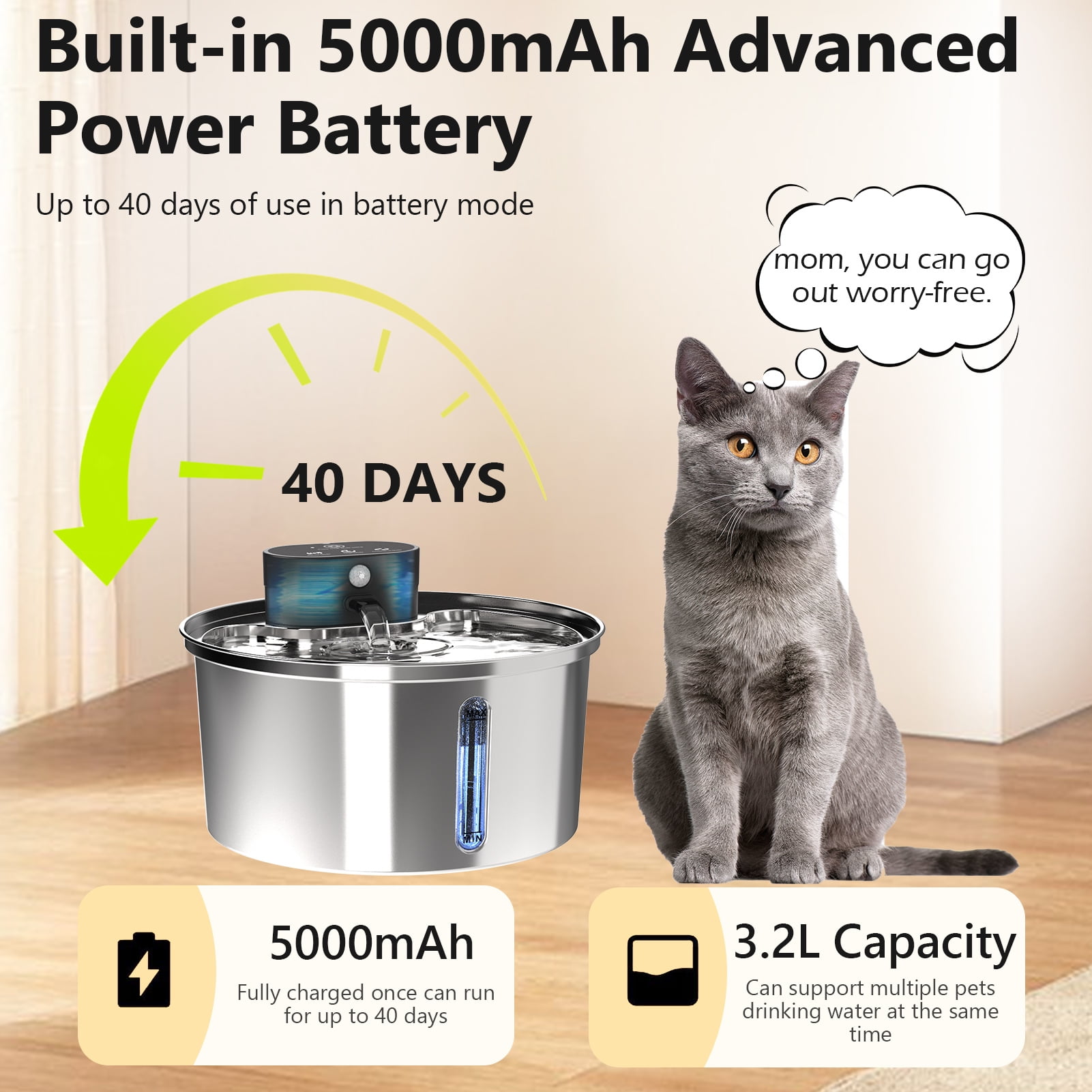Wireless Cat Water Fountain, Stainless Steel 108OZ/3.2L Cordless Automatic Sensory Cat Water Fountain, Battery Operated Pet Water Fountain Rechargeable Water Dispenser with 4 Filters for Cats Dogs