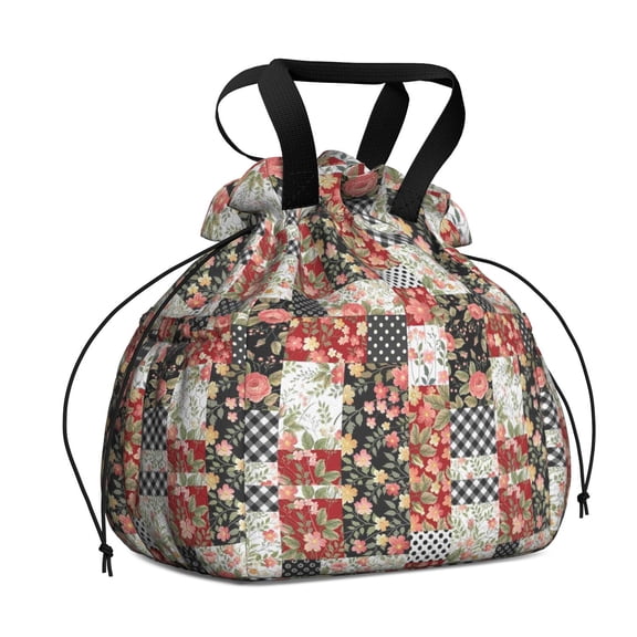 Pioneer Flower Drawstring Lunch Bag Women - Drawstring Lunch Bag Insulated for Work Office - Stain-Resistant Large Lunchbags for Women with Multi-Pockets