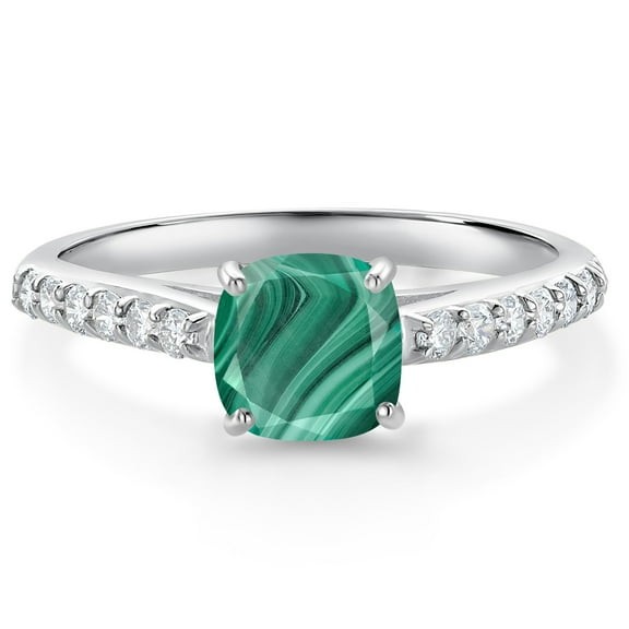 Gem Stone King 10K White Gold Green Malachite and White Lab Grown Diamond Engagement Ring for Women (1.68 Cttw, Gemstone, Cushion 6MM, Size 8)