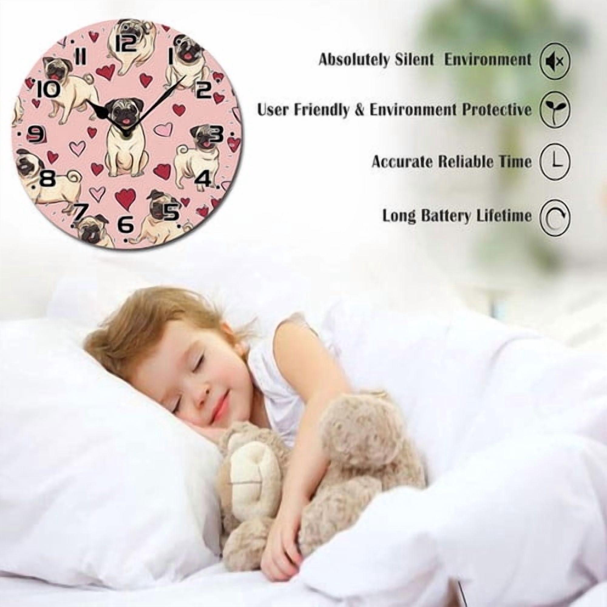 ZXCXRQFa Silent Clocks Cute Pug Themed Clock Home Decor Round Wood 10 Inch Wall Clocks Non Ticking Silent Clock Art for Living Room Kitchen Bedroom Decorative