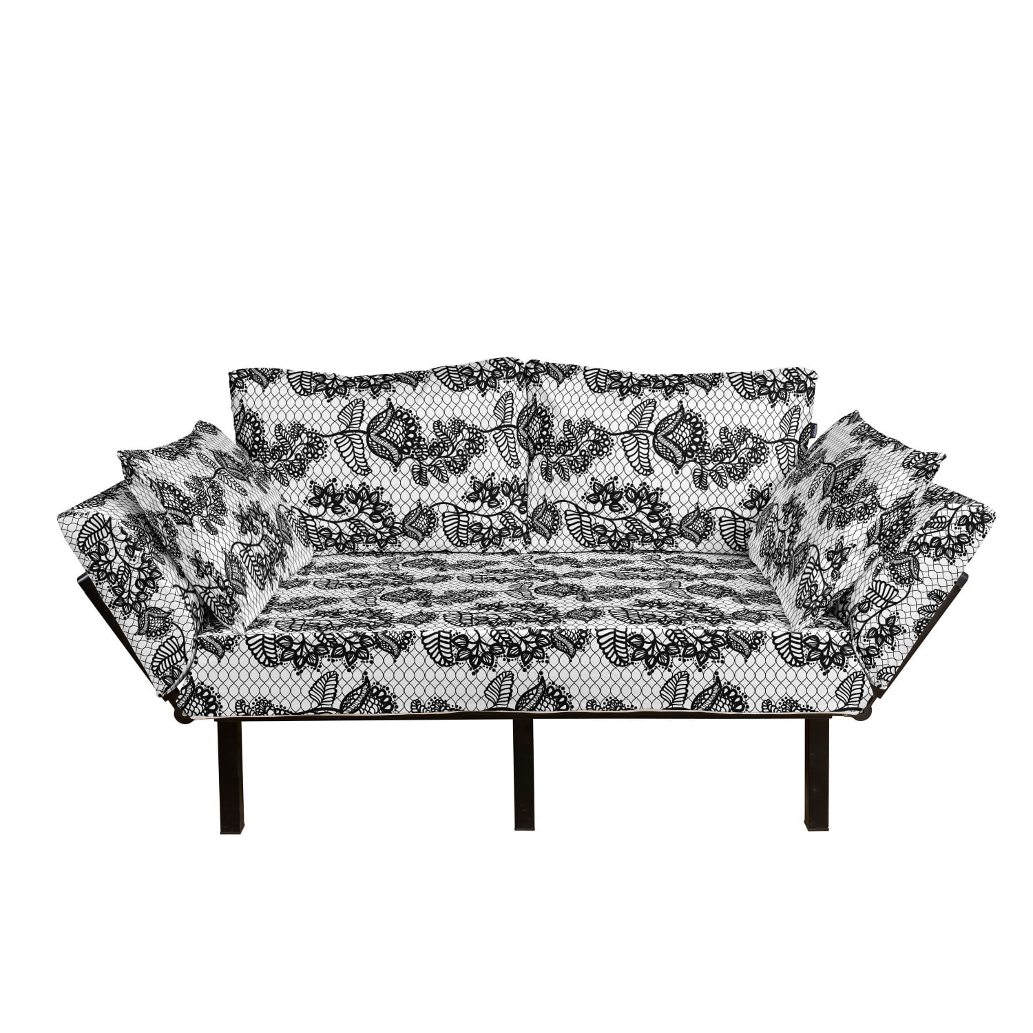 Monochrome Abstract Floral Repeating Motifs in Square Shape with Waves Black and White Loveseat Daybed with Metal Frame Upholstered Sofa for Living Dorm Ambesonne Black and White Futon Couch 