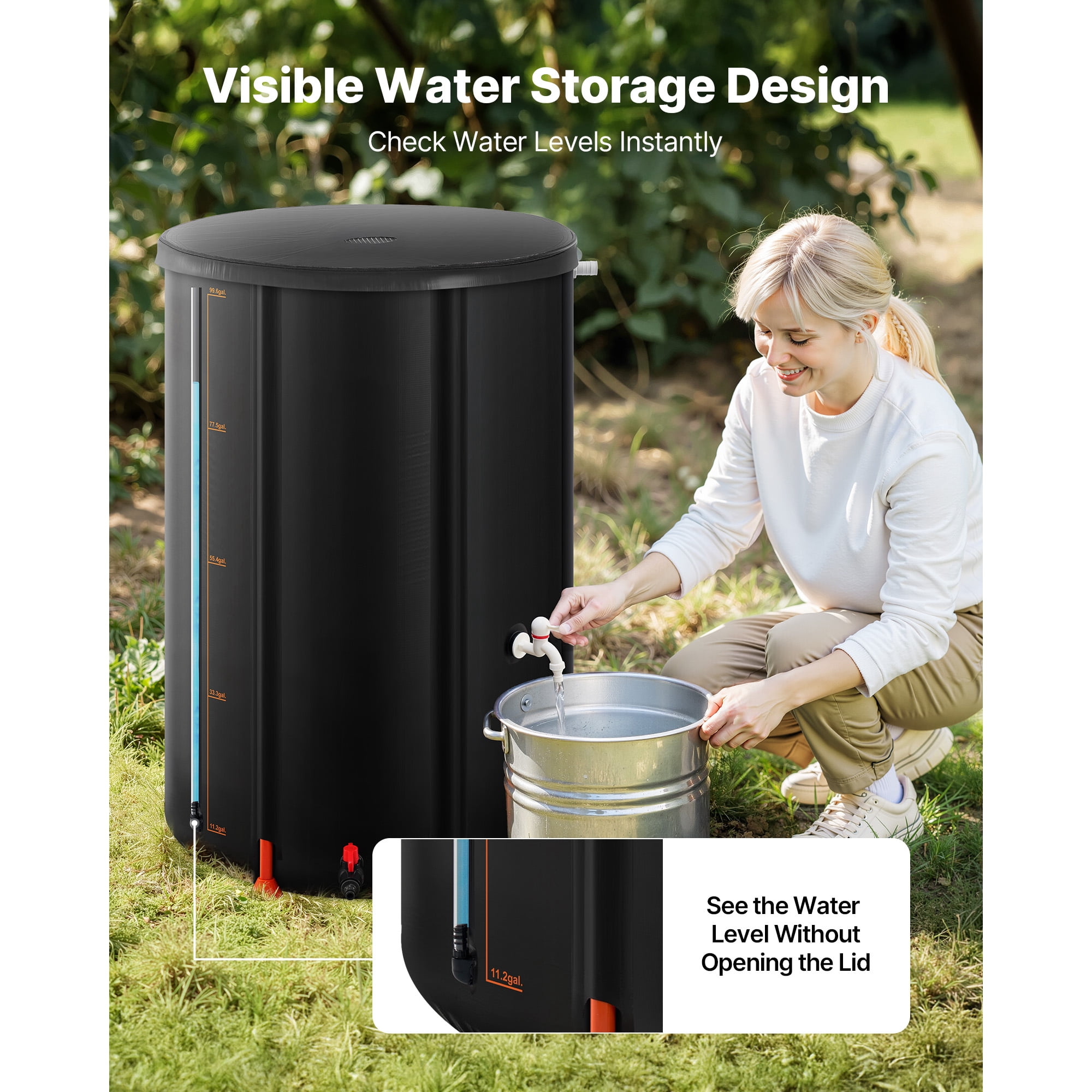 KFFKFF Collapsible Rain Barrel, 100 Gallon Portable Rainwater Collection System, Durable 1000D PVC Water Storage Tank with Spigot & Overflow Kit, Black