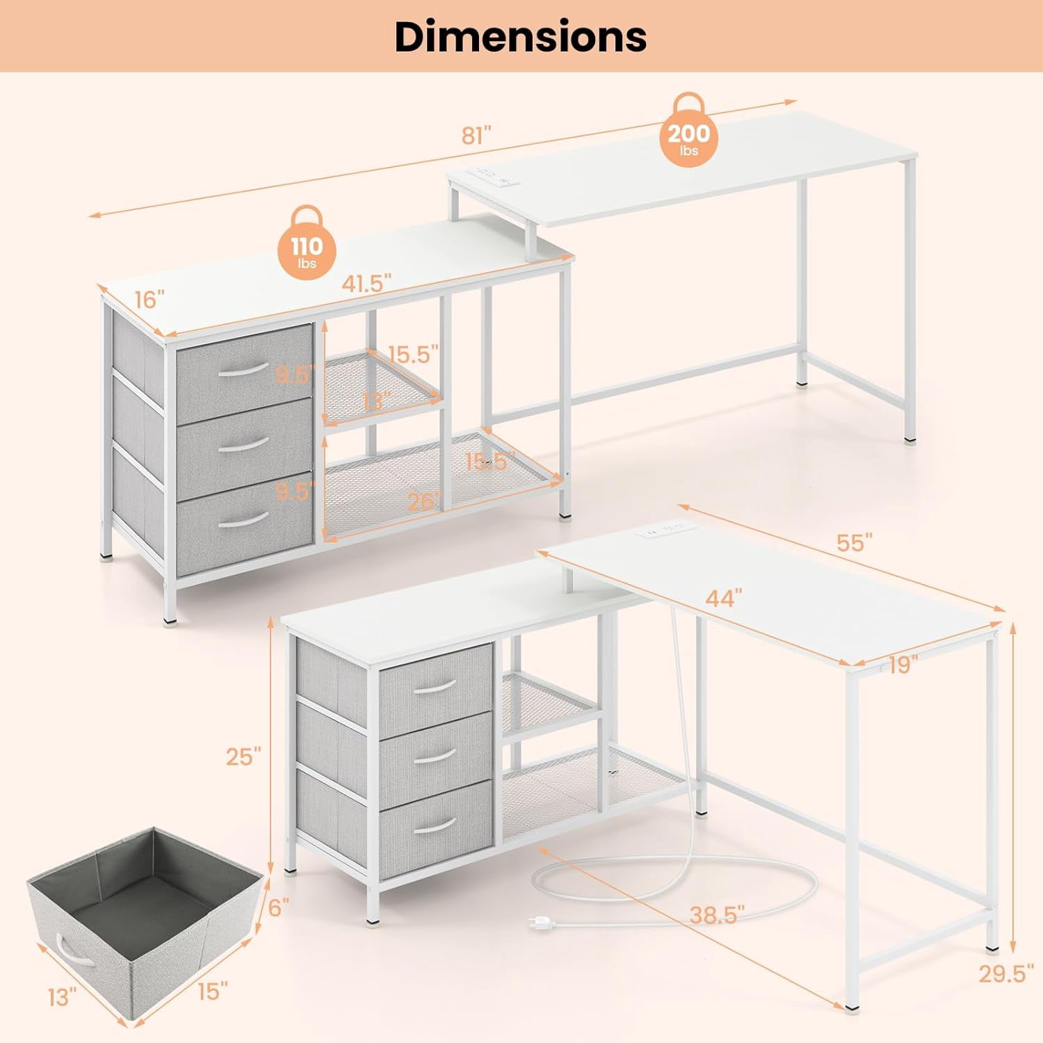 HJTER L Shaped Computer Desk with Drawers, 81" Convertible Corner Desk with Charging Station and Storage Shelves, Study Writing Desk, Modern Long Corner Gaming Table for Home Office (White)