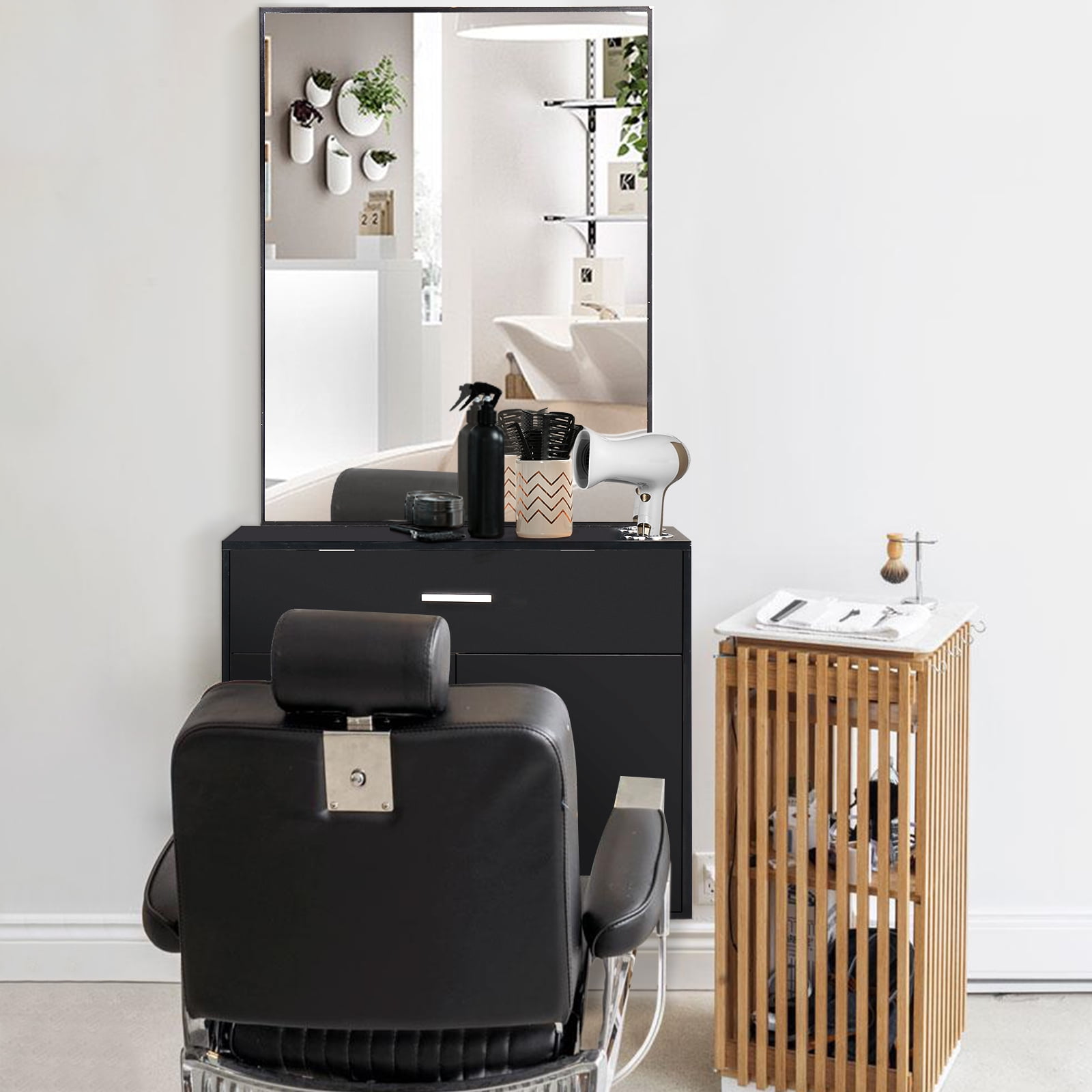 Salon Cabinet with Mirror, 1 Drawer & 1 Door, Made of 15mm E0 Matt Particle Board, Black