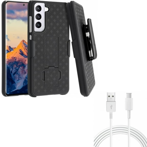 Case Belt Clip w 10ft USB-C Cable for Samsung Galaxy S21 FE 5G - Holster Swivel Cover, Type-C Charger Cord Power