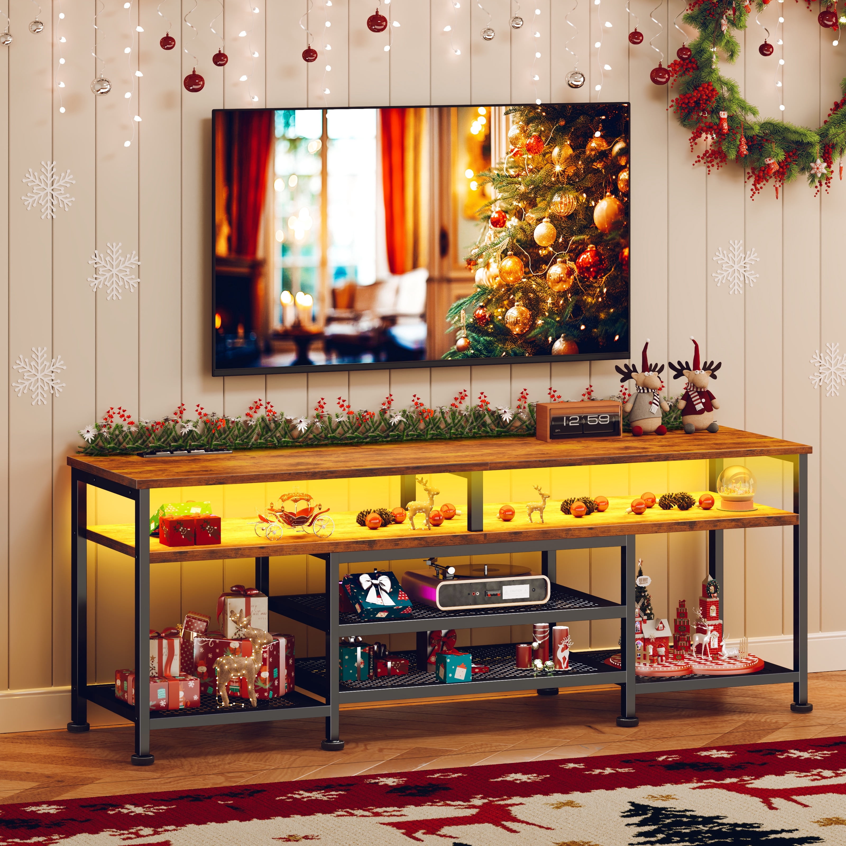 Tydimor Modern TV Stand for TVs up to 70", Media Console with Storage for Living Room, LED Entertainment Center with Outlets, Black