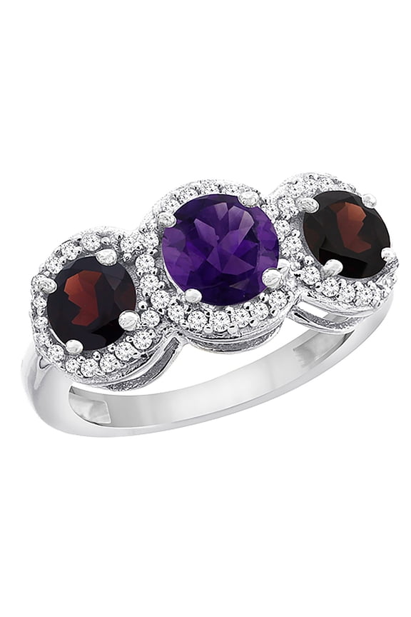 14K White Gold Natural Amethyst & Garnet Sides Round 3-stone Ring Diamond Accents, size 10