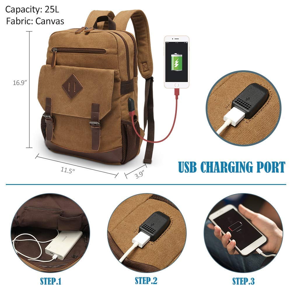 Canvas Backpack for Men Women Vintage Rucksack Fits Most 15.6 Inch Laptop Bookbag with USB Charging Port Brown