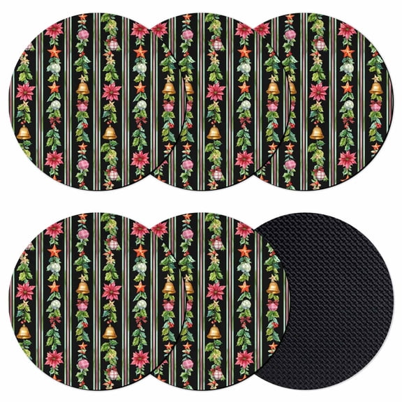 Christmas Black Coasters Set of 6, Absorbent Coasters for Drinks, Xmas Poinsettia Leaves Farmhouse Stripes Coaster for Desk Coffee Table Protection, Home Decor House Warming Gifts 4"