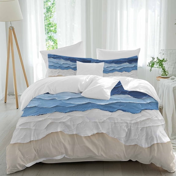 Queen 4 Piece Bedding Set Watercolor Coastal Blue White Ocean Water Soft Breathable Duvet Cover and Pillowcase,Abstract Beach Duvet Cover Set Washable Bed Sheets for Bedroom Dormitory Guest Room