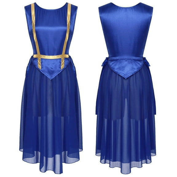 Womens Liturgical Dance Dress Choir Costume Round Neck Sleeveless Lace-up Sides Split Satin Tunic Dresses