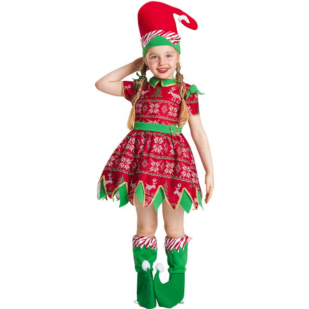 Girls Christmas Elf Dress Set Deluxe Xmas Costumes with Hat 3-10 Years ...