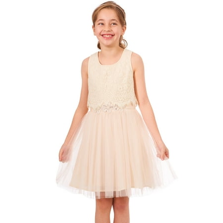 Truly Me, Big Girls' Special Occasion Fit-N-Flare Style Skater Tutu Dress with Lace Overlay and Floral Faux Belt