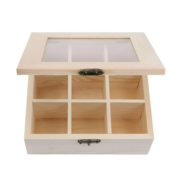 LAMIRO Coffee Storage Box Organizer Wooden Tea Box with 9-Compartment and Glass Window Tea Coffee Display Case Tea Bag Chest