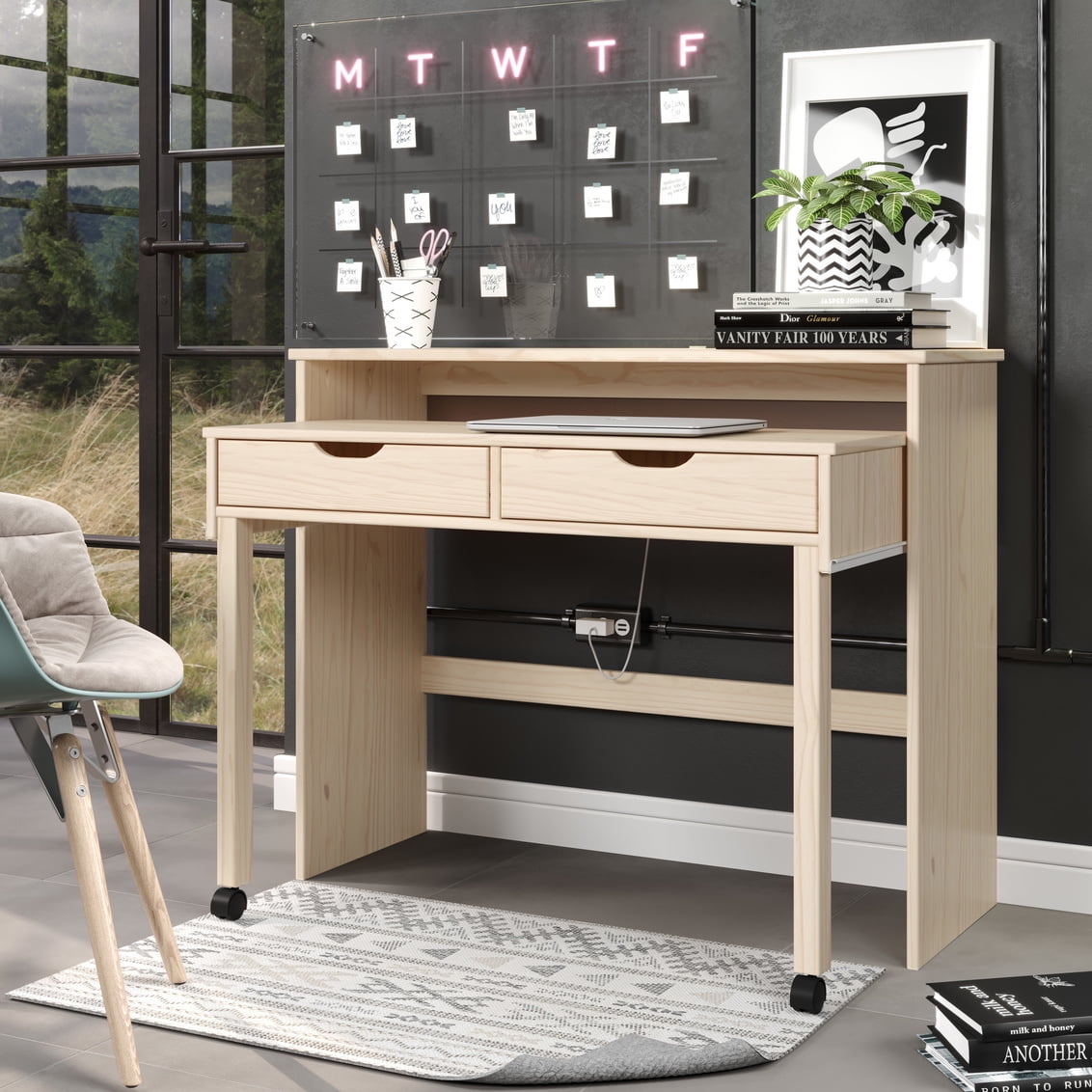 Linon Ansley 2Drawer Extendable Writing Desk, 42" Wide, Natural Finish