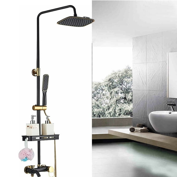 8'' Black Bathroom Rainfall Shower Faucet Set Tub Mixer Tap with Hand Spray