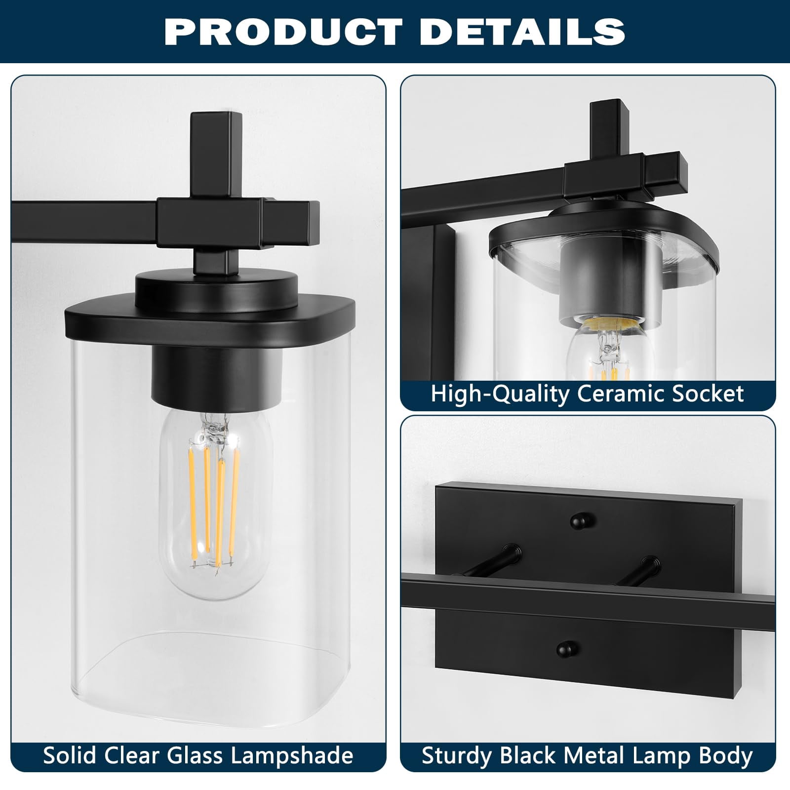2-lights Bathroom Vanity Lights  Matte Black Light Fixtures Over Mirror Modern Wall Sconces With Clear Glass Shade Fixture For Bedroom Hallway Living Room