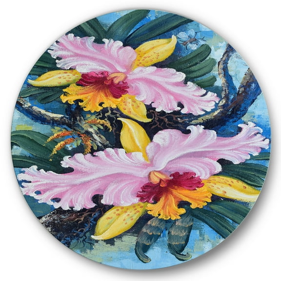 Designart 'Ancient Forest Orchids I' Traditional Circle Metal Wall Art 36x36 - Disc of 36