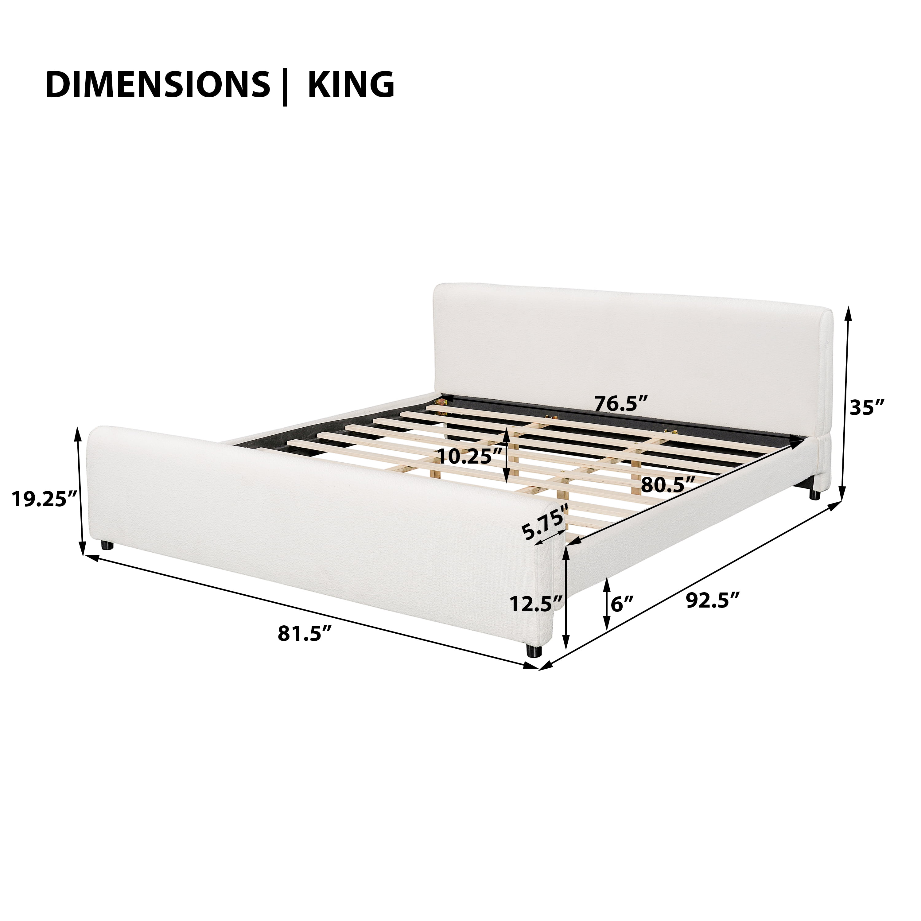King Bouclé Upholstered Platform Bed with Headboard & Footboard, No Box Spring Needed
