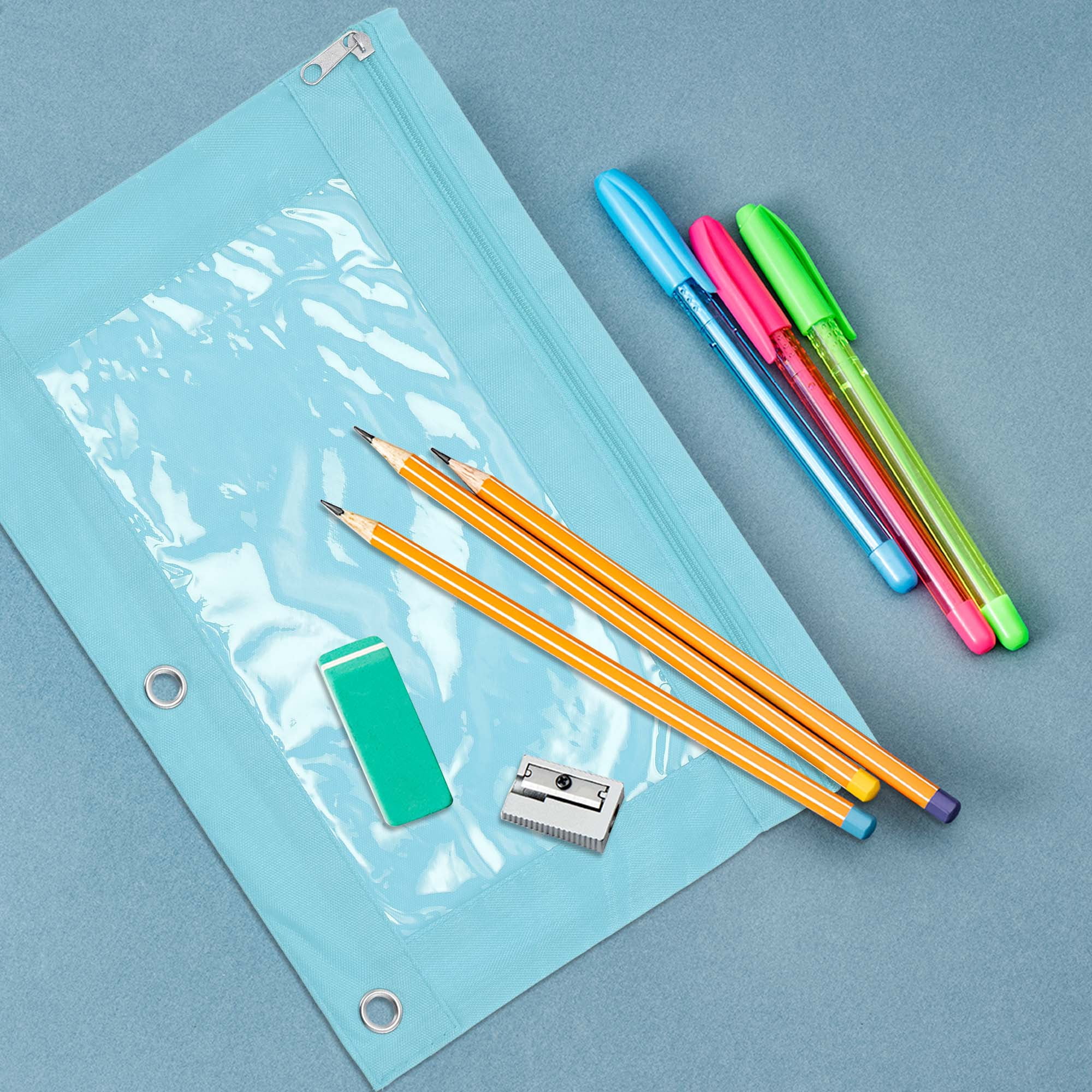 Unique Bargains Pencil Case for 3 Ring Binder, Double Layer, Smooth Zipper Sky Blue