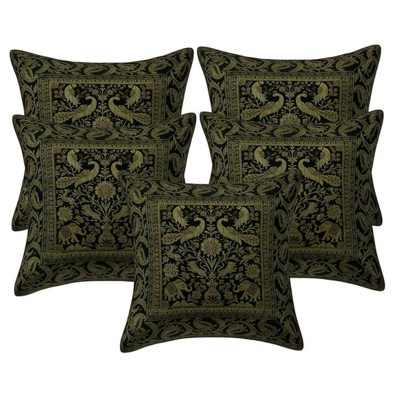 Stylo Culture Ethnic Couch Throw Pillow Covers 16x16 Jacquard Black Square 40x40 cm Home Decor Brocade Peacock Elephant Zippered Cushion Covers | Set Of 5