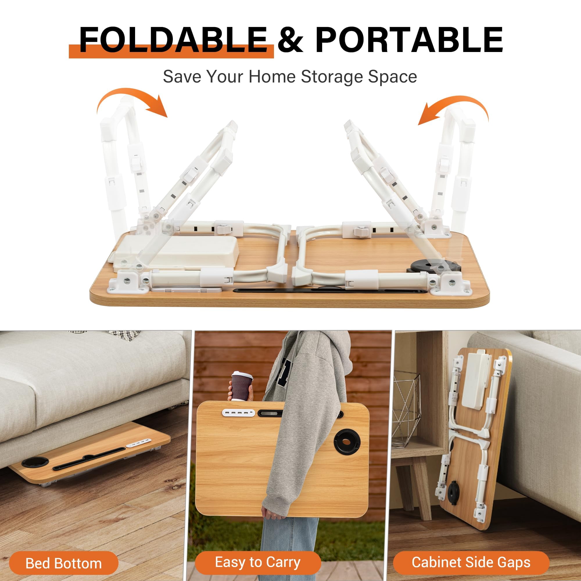 Laptop Bed Desk Height Adjustable  Table With Usb/storage Drawer/cup Holder/tablet Stand/book Shelf Foldable Breakfast Tray Portable For Reading Writing Sofa & Floor Wood