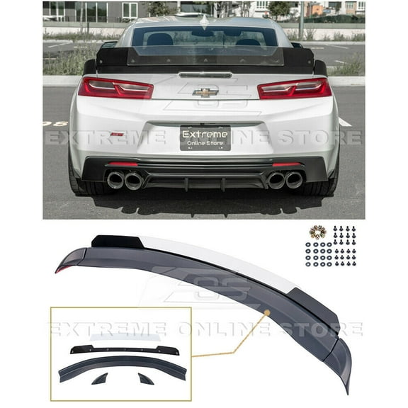 Replacement For 2016-Present Chevrolet Camaro ALL Models | 1LE Extended Track Style ABS Plastic PRIMER BLACK Add On Rear Trunk Lid Wing With Aluminum GLOSSY BLACK & CLEAR Center WickerBill Spoiler